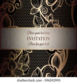 Victorian background with antique, luxury black and gold vintage frame, victorian banner, damask floral wallpaper ornaments, invitation card, baroque style booklet, fashion pattern
