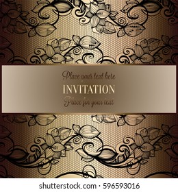 Victorian background with antique, luxury black and gold vintage frame, victorian banner, damask floral wallpaper ornaments, invitation card, baroque style booklet, fashion pattern, template