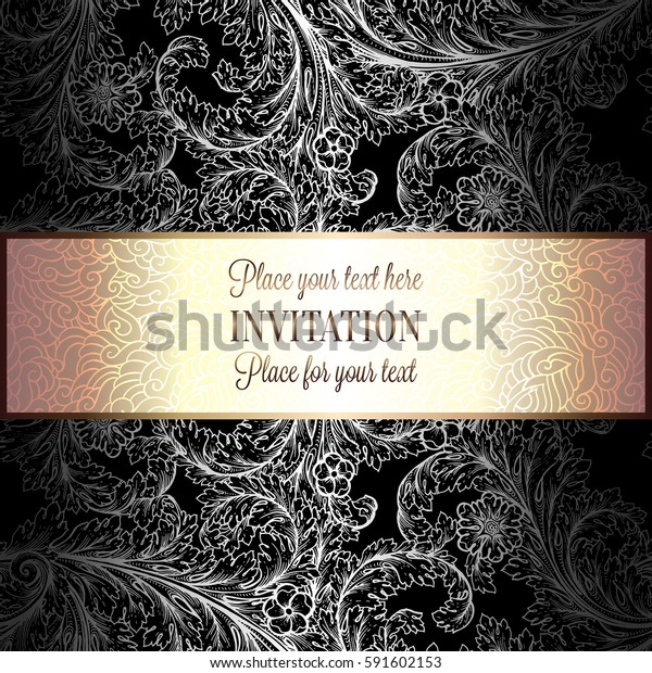 Victorian background with antique, luxury black\
and silver vintage frame, victorian banner, damask floral wallpaper\
ornaments, invitation card, baroque style booklet, fashion pattern,\
template.