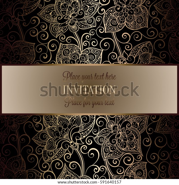 Victorian background with antique, luxury black\
and gold vintage frame, victorian banner, damask floral wallpaper\
ornaments, invitation card, baroque style booklet, fashion pattern,\
template