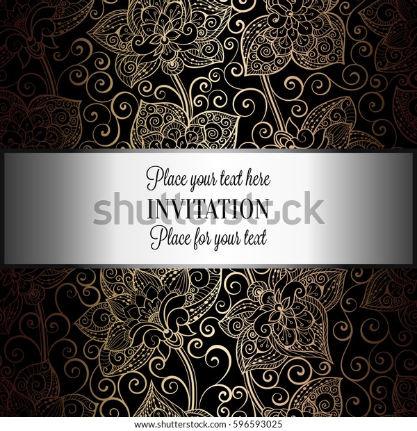 Victorian background with antique, luxury black\
and gold vintage frame, victorian banner, damask floral wallpaper\
ornaments,invitation card, baroque style booklet, fashion\
pattern,template for\
design.