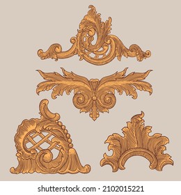 Victorian Baroque floral ornament decorative pattern calligraphic swirl heraldic filigree elements. Design set. Hand drawn engraving. Vector vintage illustration. Isolated on white background. 