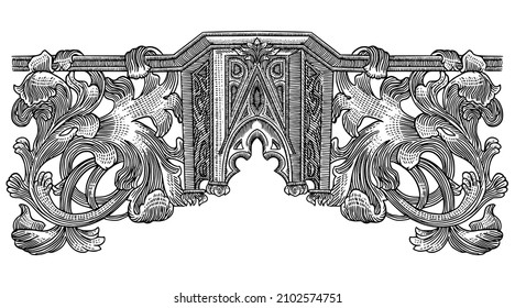 Victorian Baroque floral ornament decorative pattern calligraphic swirl heraldic filigree elements. Hand drawn engraving. Vector vintage illustration. Isolated on white background. 