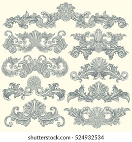 Victorian Baroque floral ornament decorative pattern calligraphic swirl heraldic filigree element. Design set. Hand drawn engraving. Vector vintage illustration. Isolated on color background. 8 EPS