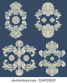Victorian Baroque floral ornament decorative pattern calligraphic swirl heraldic filigree element. Design set. Hand drawn engraving. Vector vintage illustration. Isolated on color background. 8 EPS