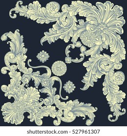 Victorian Baroque floral ornament decorative pattern calligraphic swirl heraldic filigree element. Design set. Hand drawn engraving. Vector vintage illustration. Isolated on black background. 8 EPS