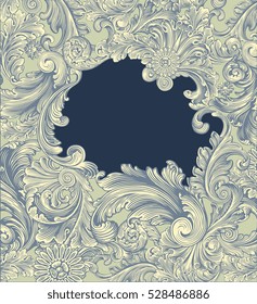 Victorian Baroque floral ornament decorative pattern calligraphic swirl heraldic filigree framework. Hand drawn engraving. Vector vintage illustration. Isolated on color background. 8 EPS