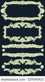 Victorian Baroque floral ornament decorative pattern calligraphic swirl heraldic filigree framework. Design set. Hand drawn engraving. Vector vintage illustration. Isolated on color background. 8 EPS