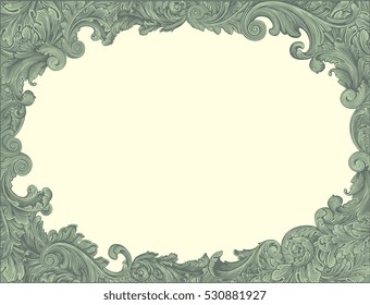 Victorian Baroque floral ornament decorative pattern calligraphic swirl heraldic filigree oval framework. Hand drawn engraving. Vector vintage illustration. Isolated on color background. 8 EPS