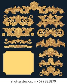Victorian Baroque floral ornament decorative pattern calligraphic swirl heraldic filigree elements. Design set. Hand drawn engraving. Vector vintage illustration. Isolated on color background. 8 EPS