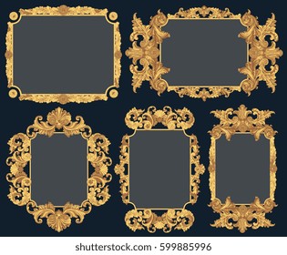 Victorian Baroque floral ornament decorative pattern calligraphic swirl heraldic filigree framework. Design set. Hand drawn engraving. Vector vintage illustration. Isolated on color background. 8 EPS