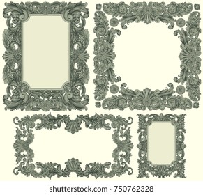 Victorian Baroque floral ornament decorative pattern calligraphic swirl heraldic filigree framework. Design set. Hand drawn engraving. Vector vintage illustration. Isolated on white background. 8 EPS