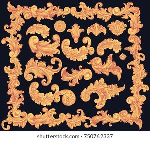 Victorian Baroque floral ornament decorative pattern calligraphic swirl heraldic filigree elements. Design set. Hand drawn engraving. Vector vintage illustration. Isolated on black background. 8 EPS