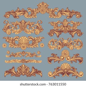 Victorian Baroque floral ornament decorative pattern calligraphic swirl heraldic filigree elements. Design set. Hand drawn engraving. Vector vintage illustration. Isolated on color background. 8 EPS