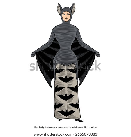 Victorian Bat Lady in Gothic Halloween Costume – Vintage Hand Drawn Illustration
