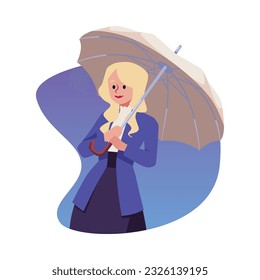 Victorian beautiful blonde woman in a formal suit with an umbrella. People in historical costumes of the 19th century. Cartoon vector isolated illustration in a circular frame on gradient background