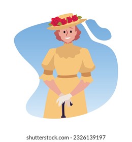 Victorian beautiful woman in hat with roses, umbrella, fashion dress. People in historical costumes of the 18th, 19th century. Cartoon vector isolated illustration on gradient background