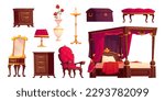 Victorian bedroom interior with vintage royal red furniture. Classic princess bed, retro mirror and armchair for baroque castle room. Isolated medieval english home indoor design on white background