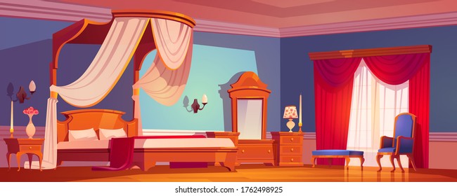 Victorian bedroom, royal interior at morning or day time. Luxury empty light room with wooden furniture and decoration, bed with tulle canopy, mirror, couch and nightstand, cartoon vector illustration