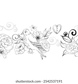 Victorian bird and roses, border, seamless pattern. Vintage flowers, botanical arrangement. Romantic anemone and peony. For greeting cards, wedding, fabric, printing. Graphic vector line, hand drawn