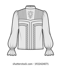 Victorian blouse technical fashion illustration with bishop ruffles long sleeves, stand collar, oversized, lace. Flat apparel top template front, grey color. Women, men unisex CAD mockup