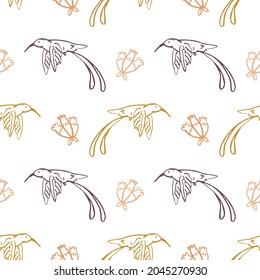 Victorian botanical hummingbird seamless vector background. Vintage pattern of exotic bird for all over print. Cute jungle animal backdrop for floral textile. 