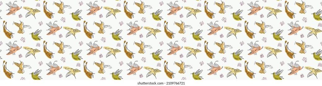 Borde vectorial sin fisuras del colibrí botánico victoriano. Borgo vintage de pájaro exótico. El telón de fondo de la jungla para el tejido floral. 