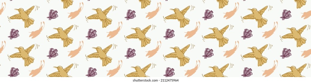 Victorian botanical hummingbird seamless vector border. Vintage bordure of exotic bird . Cute jungle animal backdrop for floral textile. 