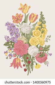 Victorian bouquet. Coral peonies, mallow, delphinium, roses, tulips, violets, petunia. Vector vintage illustration.
