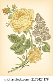 Victorian bouquet of roses and lilac on a beige background. Vector design element.
