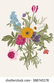 Victorian bouquet. Spring Flowers. Poppy, anemones, tulips, delphinium. Vintage botanical illustration. Vector design element.