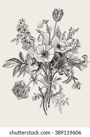 Victorian bouquet. Spring Flowers. Poppy, anemones, tulips, delphinium. Vintage botanical illustration. Vector design element. Black and white. Engraving