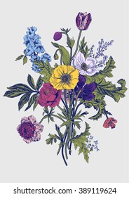 Victorian bouquet. Spring Flowers. Poppy, anemones, tulips, delphinium. Vintage botanical illustration. Vector design element.