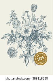 Victorian bouquet. Spring Flowers. Poppy, anemones, tulips, delphinium. Vintage botanical illustration. Vector design element.