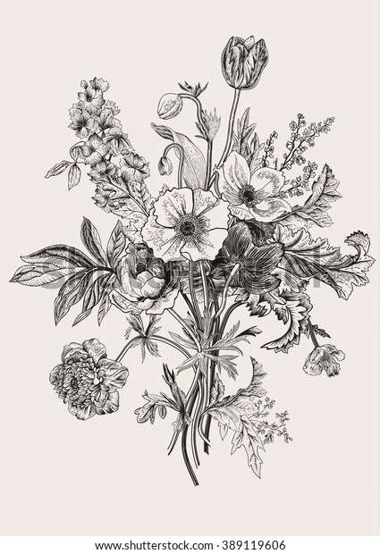 Victorian bouquet. Spring Flowers.
Poppy, anemones, tulips, delphinium. Vintage botanical
illustration. Vector design element. Black and white.
Engraving