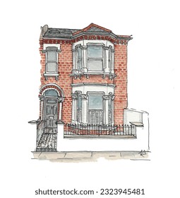 Victorian brick terrace house, English home. Bay window, tiled path. Watercolor sketch illustration. Isolated vector.