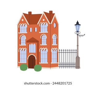 Victorian building facade. Old European architecture. Classic British house exterior. Historic ancient residential structure, mansion. Flat graphic vector illustration isolated on white background