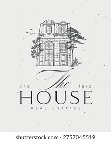 Victorian building label with text the house real estates drawing in graphic art style with black on light background