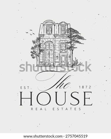 Victorian building label with text the house real estates drawing in graphic art style with black on light background