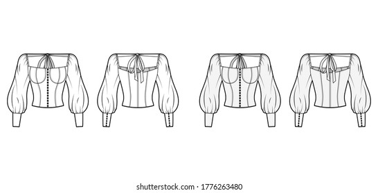 Victorian button-embellished blouse technical fashion illustration with corset-style body, billowy sleeves, ties at the back. Flat apparel template front back white, grey color. Women, men, unisex top