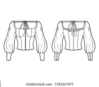 Victorian button-embellished blouse technical fashion illustration with corset-style body, billowy sleeves, ties at the back. Flat apparel shirt template front back white color. Women, men, unisex top