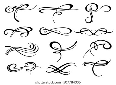 Victorian calligraphic swirl romantic flourish decoration vector set. Ornament filigree element for vignette and wedding decor illustration