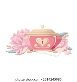 Victorian chest with flowers vector illustration. Cartoon isolated closed vintage fashion box with heart keyhole for storage of antique precious jewelry of rich lady, pink flowers and pearl necklace