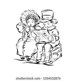 Victorian children. Young gentleman in a top hat reads a letter. Girl straightens her broad hat. Pair of children sitting on a suitcase. People n vintage style from the nineteenth century. Coloring. 