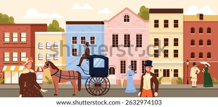Victorian city street of 18th or 19th century with walking people and horse carriage. Lady with umbrella and gentleman in bowler hat walking along road with old buildings cartoon vector illustration