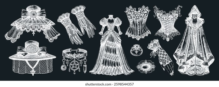 Victorian clothes hand-drawn vector illustrations on chalkboard. Gothic fashion designs. Halloween dresses and accessories. Historical costume elements. NOT AI generated