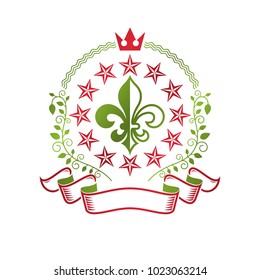 Victorian colorful emblem composed using lily flower and monarch crown. Royal quality award vector design element, business label.