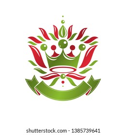 Victorian colorful emblem composed using lily flower and monarch crown. Royal quality award vector design element, business label.