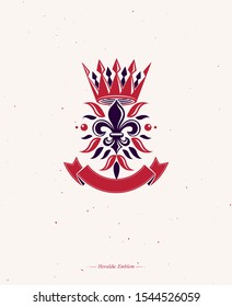 Victorian colorful emblem composed using lily flower and monarch crown. Royal quality award vector design element, business label.