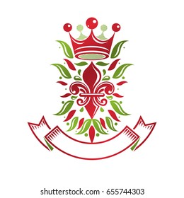 Victorian colorful emblem composed using lily flower and monarch crown. Royal quality award vector design element, business label.